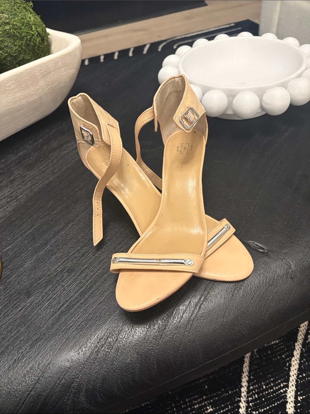 Ann Taylor Nude Ankle-Strap Open-Toe Heels with Metallic Accent